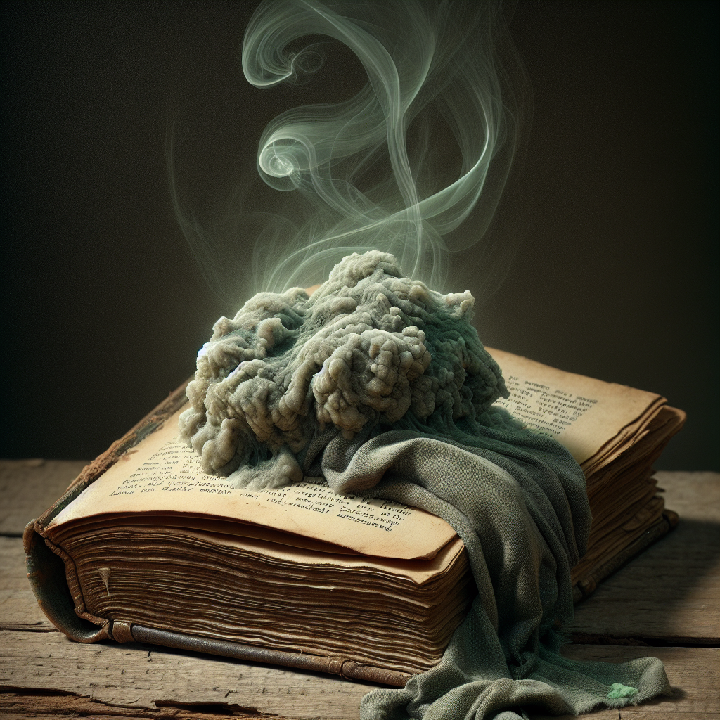 A close-up, slightly gloomy photo of an old, open book and a folded, damp piece of fabric on a wooden table. Subtle, wispy visual cues of an unpleasant, musty odor emanating from them, perhaps as faint, swirling green-grey mist. The background is dimly lit, suggesting a damp environment. Realistic style, high detail.