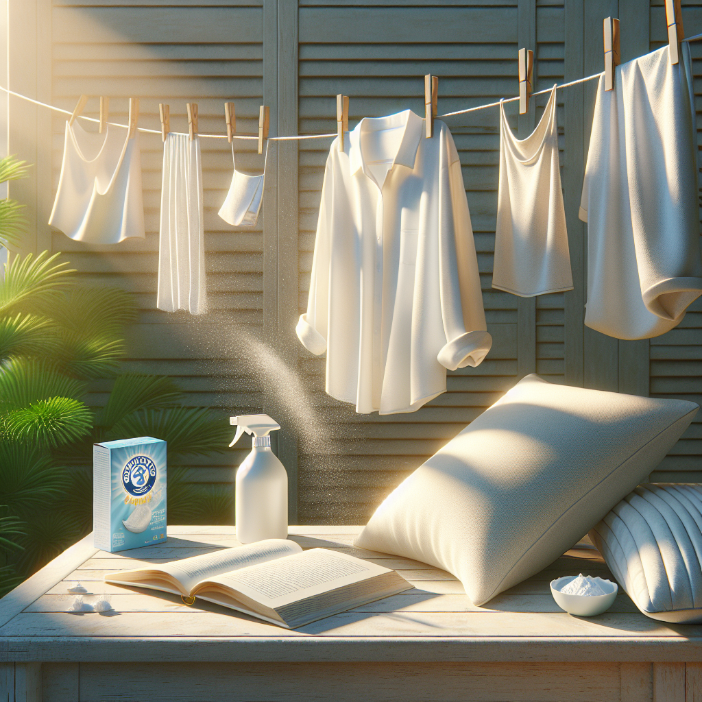 A bright, airy photo showing various items (a clean, white shirt, a small cushion, an open book) hanging on a clothesline outdoors under gentle sunlight. A small spray bottle and a box of baking soda are subtly placed nearby on a clean, light surface. Emphasize a sense of freshness, cleanliness, and outdoor ventilation. Realistic style, vibrant colors.