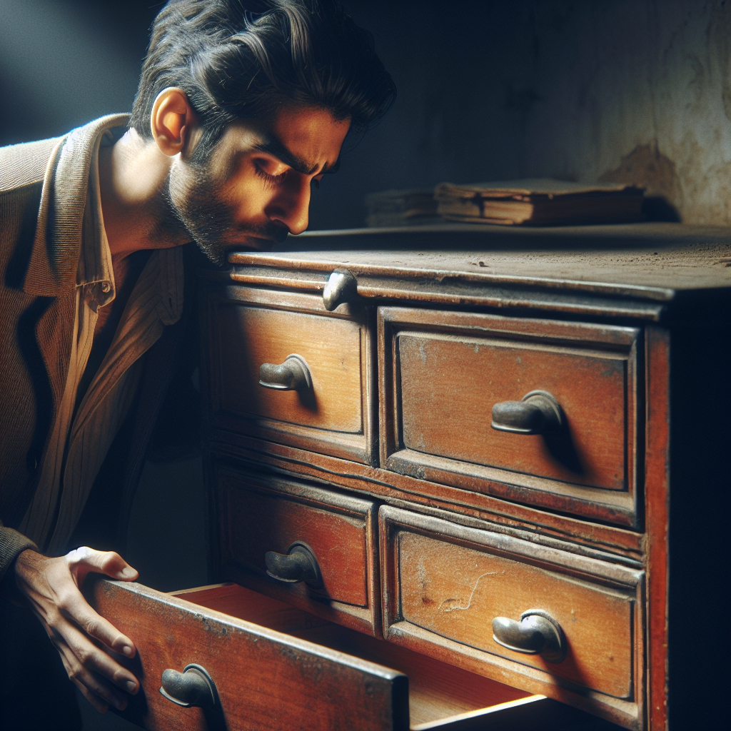 A vintage wooden chest of drawers in a slightly dim, indoor setting. A person is leaning in, subtly sniffing one of the open drawers with a concerned expression, indicating a musty or moldy smell. The lighting suggests a somewhat damp or stale atmosphere, highlighting the problem of odor in old furniture. Realistic, detailed.