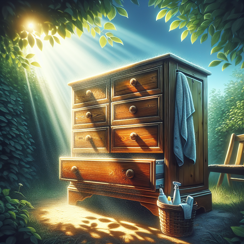 A clean, refreshed wooden chest of drawers placed outdoors under a bright, partially shaded sky. Sunlight filters through leaves, casting soft dappled light on the furniture, suggesting it's being aired out. The atmosphere conveys a strong sense of cleanliness, freshness, and the successful removal of unpleasant odors. Realistic, detailed.