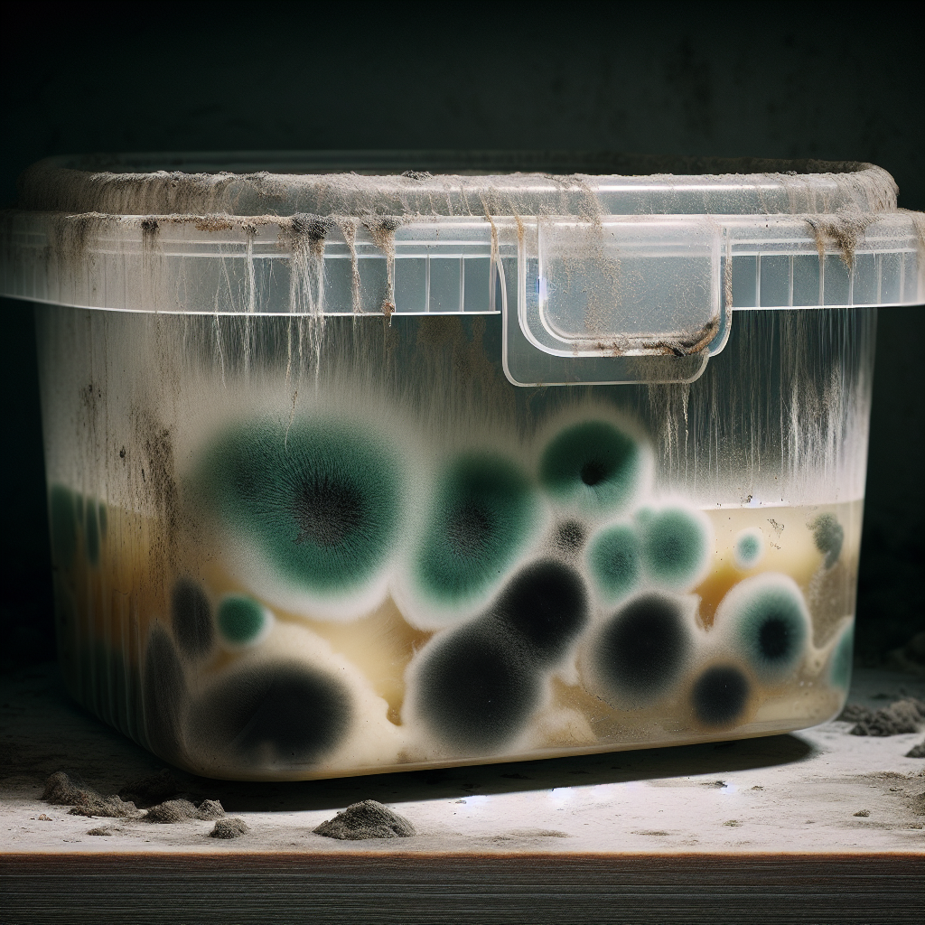 A close-up of a neglected, clear plastic food container with visible black and green mold growing inside, sitting on a damp, shadowy shelf. The image should evoke a strong, musty, unpleasant smell. Realistic, slightly desaturated colors, highlighting the grime and texture.