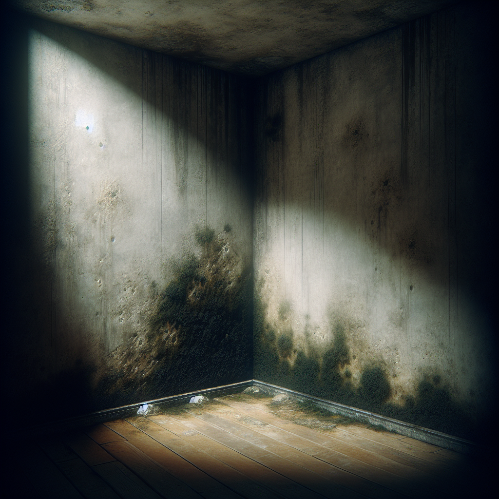 A slightly dark and damp corner of a room, perhaps a bathroom or basement, showing a small, subtle patch of mold on the wall or ceiling. A diffuse, stale light suggests a lack of ventilation and a musty atmosphere. Realistic photograph, focus on texture and subtle signs of neglect.