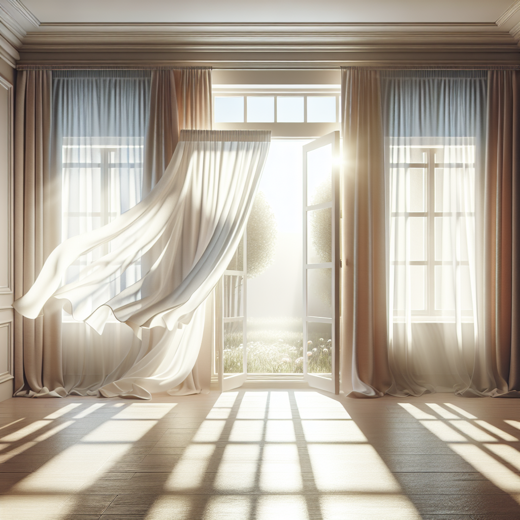A bright and airy room with a large window wide open, letting in warm sunlight and a gentle breeze. White, flowing curtains are softly moving. The room feels fresh, clean, and well-ventilated, conveying a pleasant, odor-free atmosphere. Realistic photograph, focus on natural light and a sense of openness.