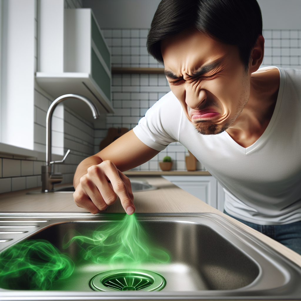 A person with a disgusted expression, pinching their nose while looking down at a kitchen sink drain from which a subtle, unpleasant greenish vapor seems to rise. The image should convey a strong sense of foul odor and discomfort. Clean, modern kitchen setting, close-up, realistic style.