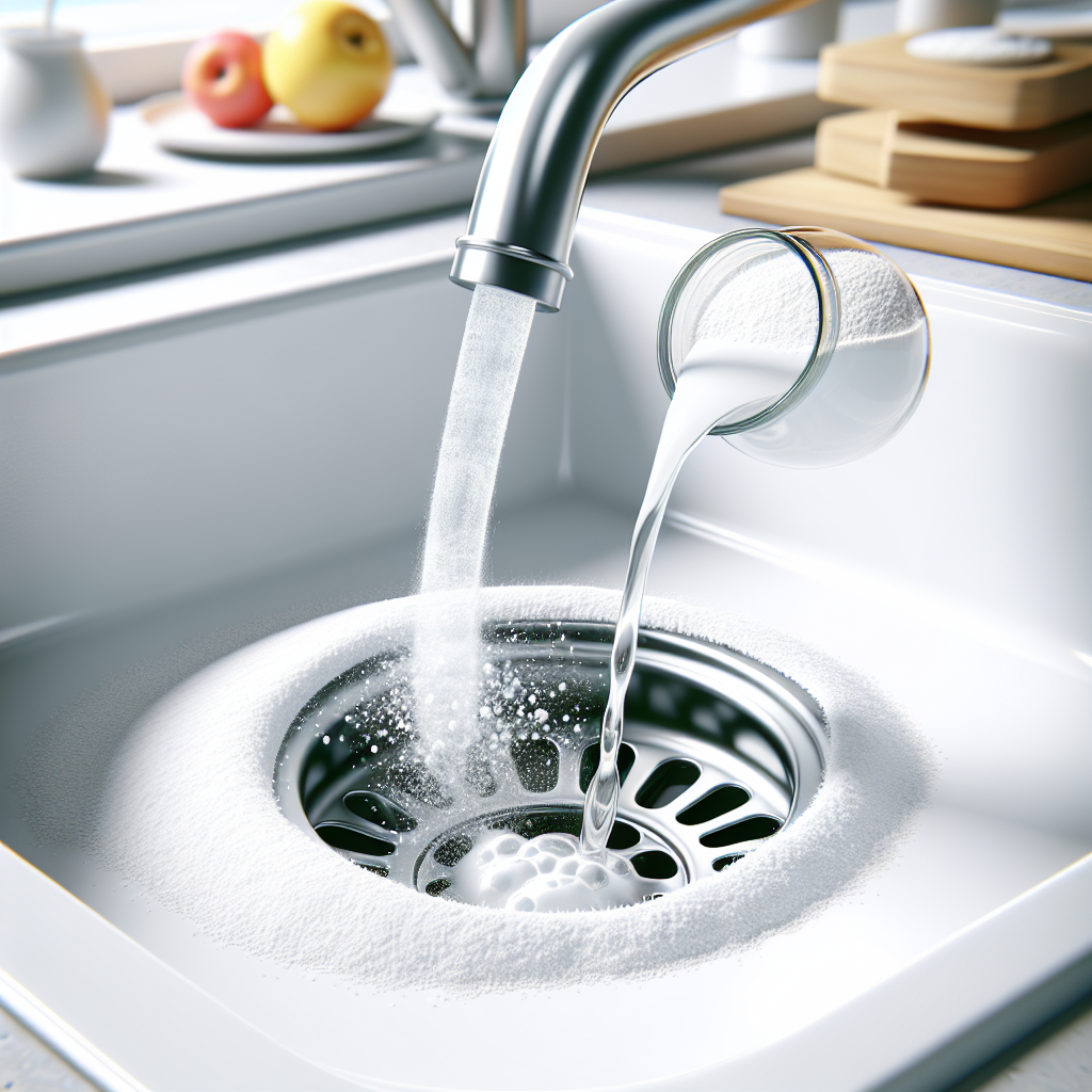 Close-up shot of a white kitchen sink drain. White baking soda powder is visible in the drain, and a clear stream of vinegar is actively being poured onto it, creating a dynamic, foamy, bubbling chemical reaction. Bright, well-lit, clean and modern kitchen aesthetic, realistic style.