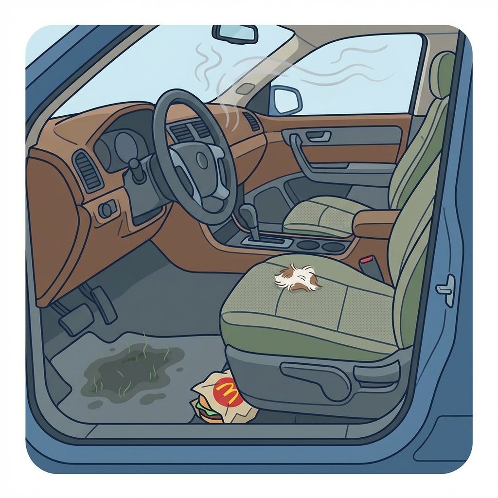 A vibrant flat illustration depicting the interior of a car overwhelmed by various unpleasant odors. The scene subtly showcases common sources: a crumpled fast-food wrapper tucked under a car seat, a visible tuft of pet fur on the upholstery, a dark, damp spot indicating mold growth on a carpet, and faint, wispy visual cues representing lingering smoke in the air. The overall impression should be of a car interior needing a deep clean, with specific elements clearly identifiable as odor sources, rendered in a clean, graphic style, avoiding any overtly repulsive imagery. The color palette should lean slightly muted to emphasize the 'stale' atmosphere.