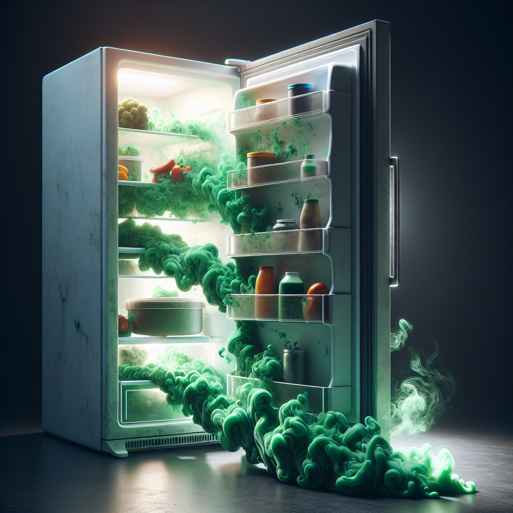 A slightly ajar refrigerator door, with visible, swirling green and brownish unpleasant fumes emanating from within. The inside is dimly lit, revealing a few forgotten, slightly wilted vegetables and a smudged container. The scene evokes a stale, dingy atmosphere, illustrating the problem of bad fridge odors. Realistic photo, cinematic lighting.
