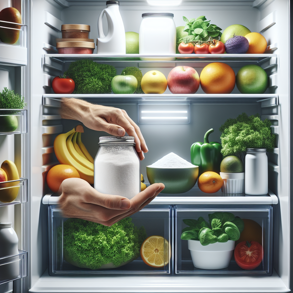 A sparkling clean, brightly lit open refrigerator, meticulously organized with fresh, vibrant fruits, vegetables, and neatly arranged containers. A hand gently places a small, open bowl of white powder (like baking soda) on a shelf, symbolizing a natural odor absorber. The scene emphasizes freshness, cleanliness, and a pleasant, inviting atmosphere. Realistic photo, soft natural light.