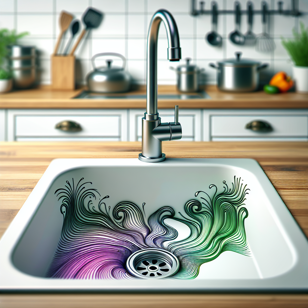A close-up shot of a kitchen sink drain with visible, wavy green and purple odor lines emanating upwards, suggesting a foul smell. The sink itself should be clean, highlighting the problem originating specifically from the drain. The background should be slightly blurred, showing a typical kitchen environment.