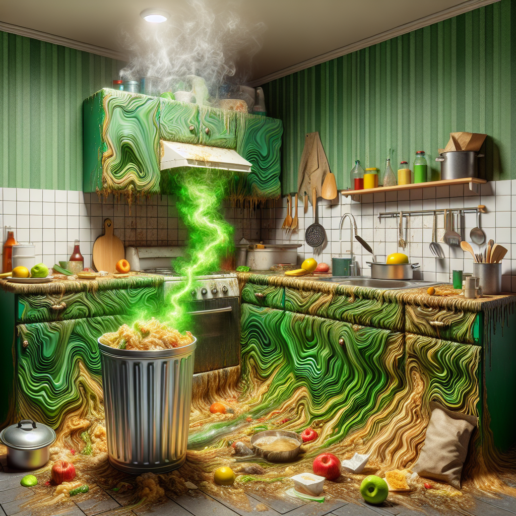 A kitchen scene with swirling, visible green and brown wavy lines representing unpleasant odors emanating from an overflowing trash can, a dirty sink with food scraps, and a steaming pot. The room looks dim and neglected, conveying a sense of disgust. Realistic photo, high detail, slightly exaggerated for impact.