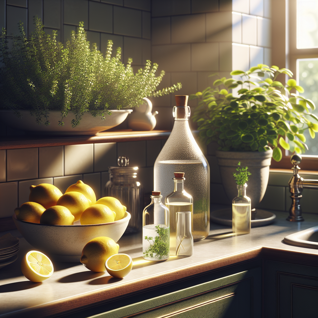 A bright, clean kitchen counter scene. On the counter, there are natural remedies: a bowl of fresh lemons, a bottle of white vinegar, and a small potted herb plant. Sunlight streams in through a clean window, illuminating sparkling surfaces and creating a fresh, inviting atmosphere. Focus on cleanliness, freshness, and natural solutions. Realistic photo, soft lighting.