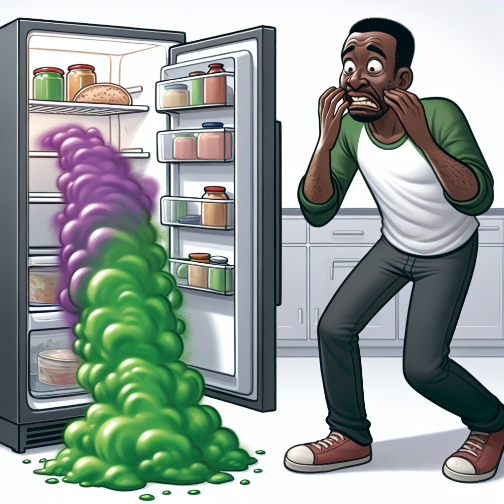 A person recoiling dramatically from an open refrigerator door, as a visible, cartoonish green or purple 'stink cloud' wafts out. Inside the fridge are a few slightly spoiled, unidentifiable food items contributing to the odor. Realistic style with exaggerated elements for the smell and reaction.