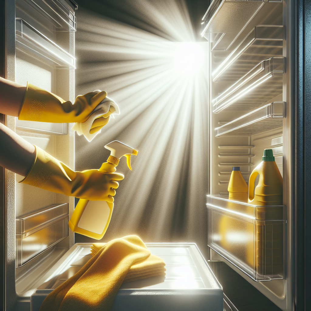 A pair of hands in yellow cleaning gloves, holding a spray bottle and a clean cloth, meticulously wiping down the sparkling, pristine interior of an empty refrigerator. Sunlight illuminates the clean surfaces, conveying freshness and hygiene. Realistic photography style.