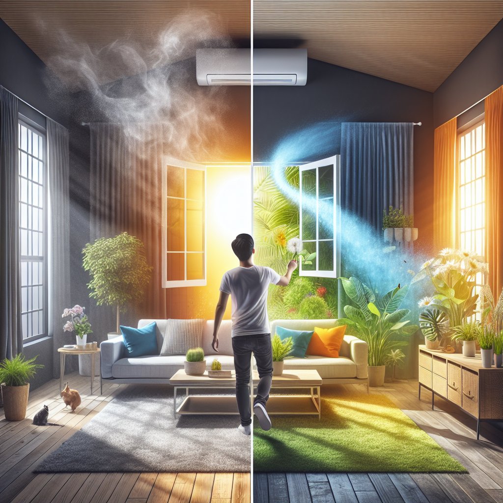 A bright, inviting living room undergoing a transformation. On the left, a subtle, almost invisible wispy grey haze symbolizes a lingering unpleasant odor, making the room feel slightly dull. On the right, a person is wide-opening a large window, and a vibrant, clean current of fresh air and warm sunlight streams in, instantly dissipating the grey haze and making the room sparkle with renewed freshness. The colors of the room become more vibrant, and potted green plants seem to perk up. High contrast, focus on the air quality change.