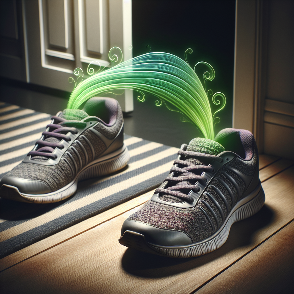 A pair of modern, somewhat worn athletic sneakers sitting in a subtly lit, slightly lived-in entryway. A faint, stylized, wavy green or purple 'odor cloud' subtly rises from the opening of one of the shoes, indicating an unpleasant smell. The overall atmosphere suggests a need for freshness or cleaning. Realistic photo, with a slight depth of field.