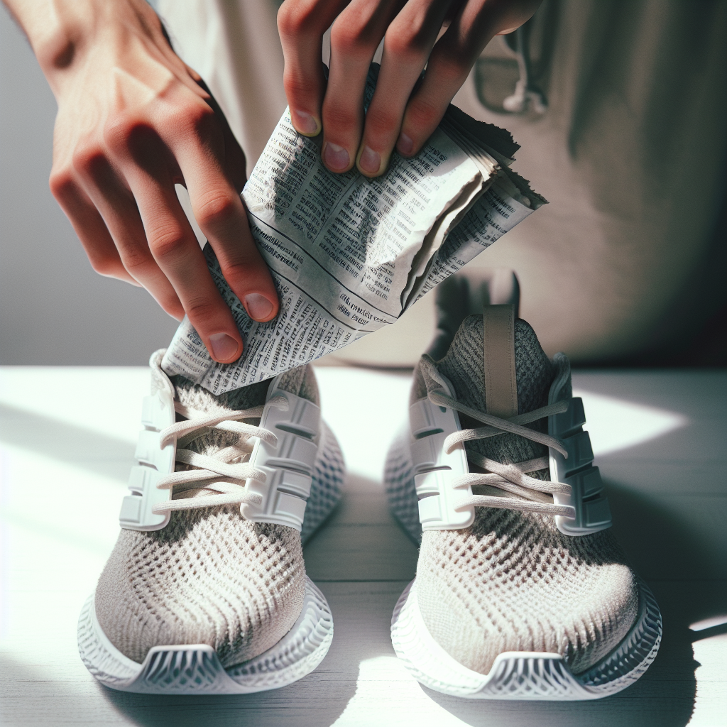 Close-up shot of hands carefully stuffing crumpled newspaper into the inside of a pair of clean, stylish athletic shoes. The shoes are placed on a light-colored, neat surface, with bright, natural lighting highlighting the texture of the newspaper and the shoe material. Realistic, practical, and clean photography style, emphasizing a simple and effective solution.