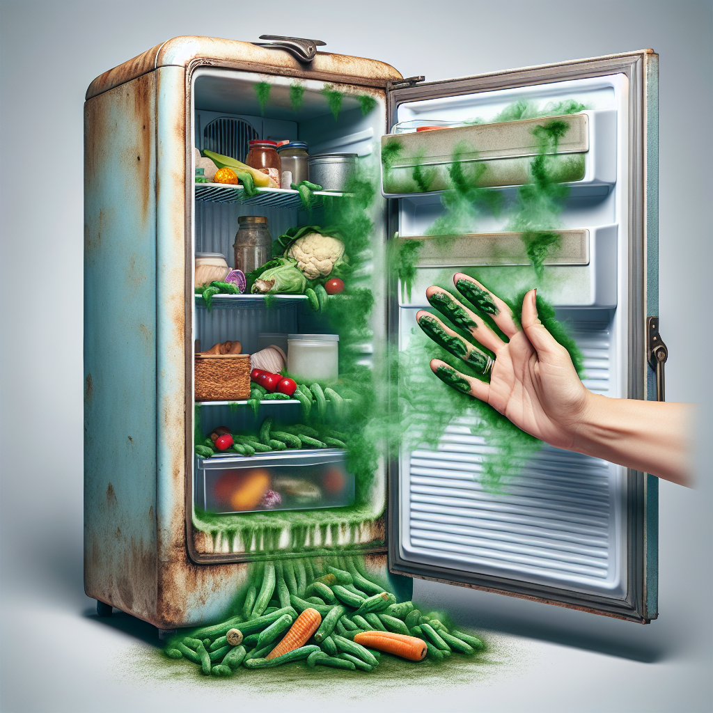 An open, slightly old-fashioned refrigerator emitting stylized, unpleasant green and brown fumes, with a hand recoiling slightly from the opening. Inside, some forgotten, slightly spoiled food items like a wilting vegetable or a forgotten, open container are subtly visible, conveying a sense of stale, bad odors. Realistic photograph, suitable for a blog article.
