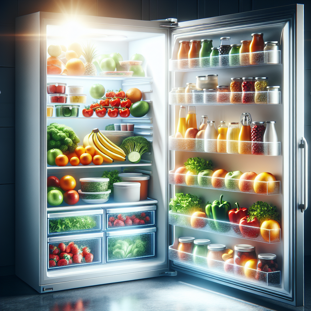An impeccably clean and organized refrigerator interior, brightly lit, filled with fresh, vibrant fruits, vegetables, and neatly arranged food containers. A subtle sparkle effect on the polished shelves and a soft, clean glow emanate from within, symbolizing freshness and purity. The scene evokes a sense of hygiene and pleasantness. Realistic photograph, suitable for a blog article.