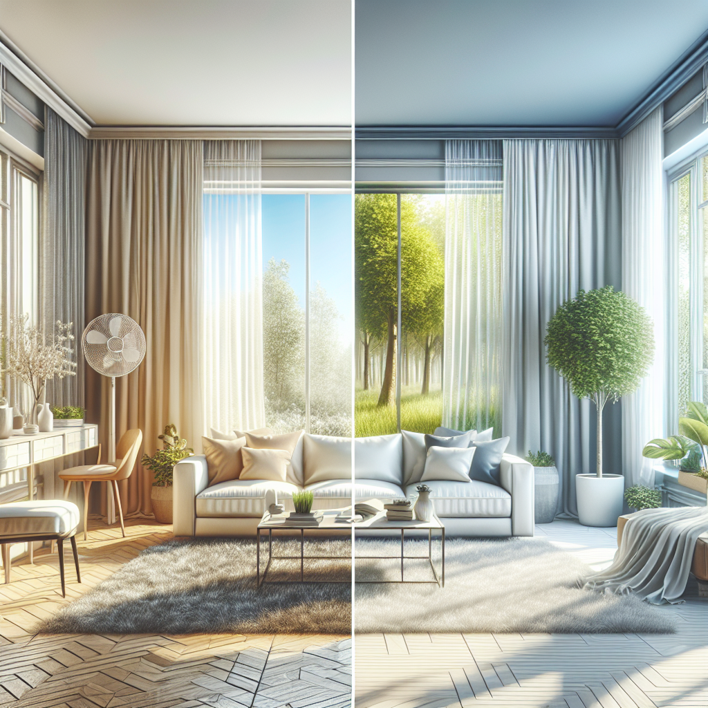 A bright, airy, and modern living space, visually depicting a transformation. One side shows a slightly muted, duller atmosphere, hinting at stale air, perhaps with a subtle, unappealing cast. The other side features an open window with abundant natural light streaming in, and a gentle breeze indicated by sheer curtains, creating an overwhelming sense of freshness, cleanliness, and vitality. The overall aesthetic should be high-quality, realistic, and inviting, showcasing the positive impact of eliminating bad odors.