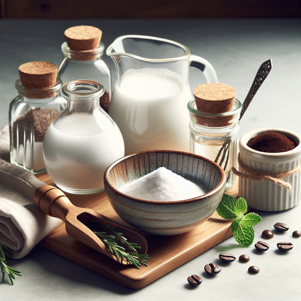 An elegant flat lay arrangement showcasing natural odor eliminators. On a clean, light-colored wooden or marble surface, neatly arranged items include a small, rustic ceramic bowl filled with white baking soda, a clear glass bottle containing white vinegar, and a small pile of fresh, dark roasted coffee grounds next to a delicate coffee scoop. Accompanying these are a few sprigs of fresh green herbs like mint or eucalyptus, emphasizing natural and effective home remedies. Bright, clean studio lighting with a focus on natural textures and purity.