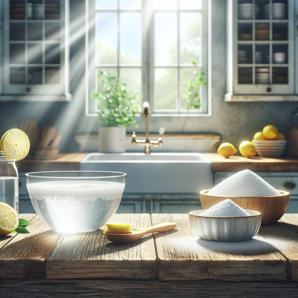 A clean, bright, and inviting kitchen or living room. On a rustic wooden table or countertop, there's a simple glass bowl with white vinegar, a small ceramic dish with white baking soda powder, and a few fresh lemon slices. Sunlight streams in through a window, and the overall atmosphere conveys a sense of natural freshness, cleanliness, and purification, with no visible 'bad odors'.
