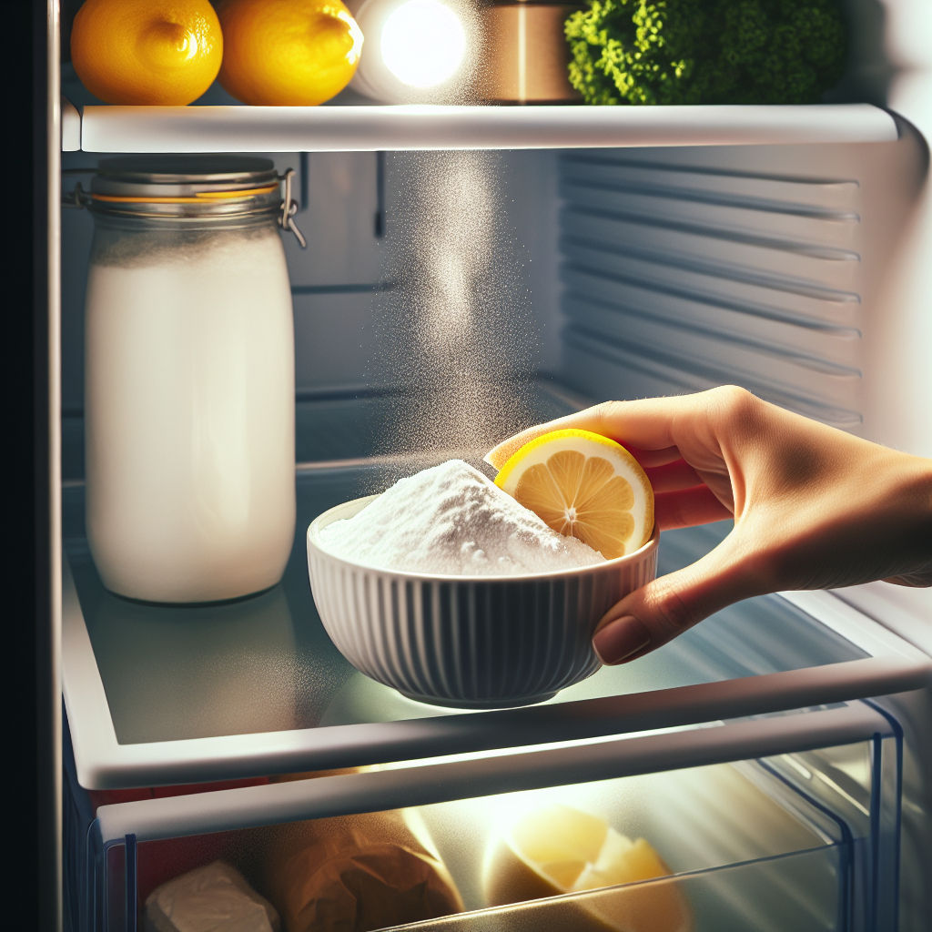 Close-up of a hand gently placing a small, open bowl filled with white baking soda powder and a few fresh lemon wedges inside a clean, modern refrigerator. The interior of the fridge looks organized and spotless. A subtle, light, and airy 'freshness' effect seems to emanate from the bowl, symbolizing natural odor neutralization. The lighting is soft and natural.