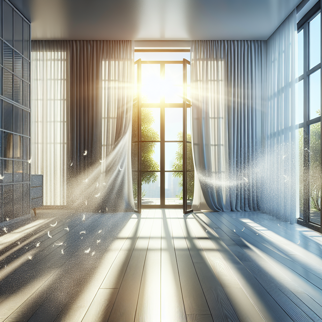 A bright, modern living room with large windows wide open, showing sheer white curtains gently blowing inwards. Sunlight streams into the room, illuminating dust motes in the air, creating a sense of fresh air circulating and purifying the space. The room feels clean, airy, and inviting. High-quality photography, natural light, minimalist aesthetic.