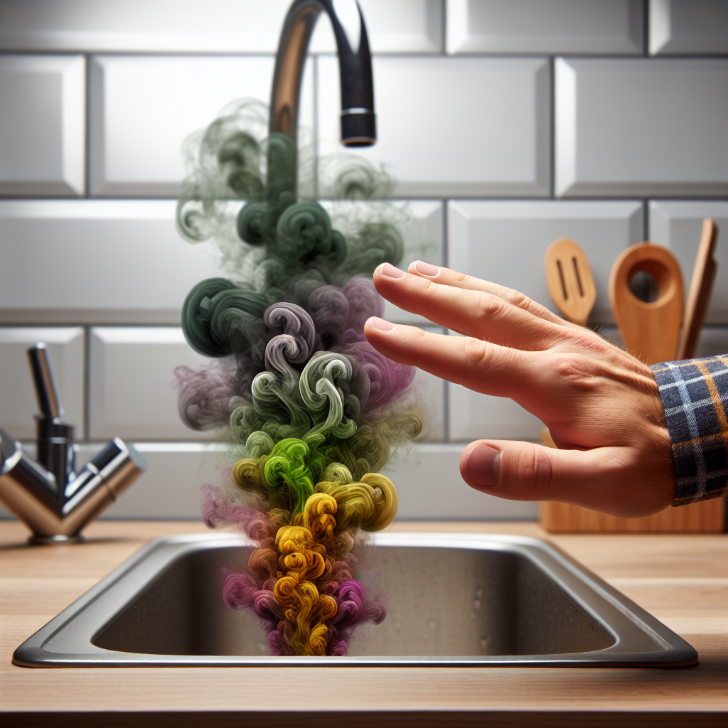 A close-up of a modern kitchen sink drain with wisps of unpleasant green, yellow, and purple fumes symbolically rising from it. A blurred hand in the foreground subtly holds its nose in disgust. The setting is clean but the atmosphere conveys a strong, bad odor, realistic style.