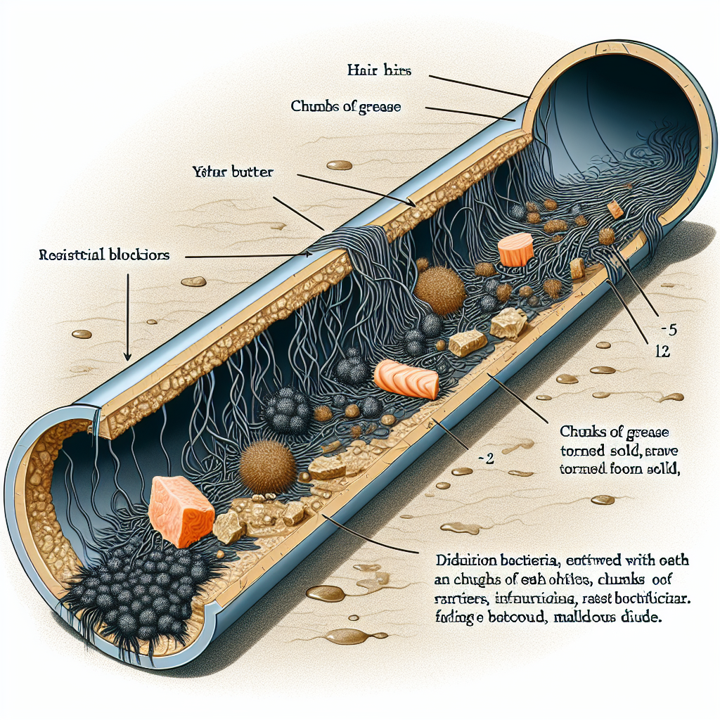 A detailed cross-section illustration of a residential drain pipe showing the internal blockage. Clearly visible are tangled strands of hair, chunks of solidified grease, and small food particles adhering to the pipe walls. Small, shadowy bacteria are depicted feeding on these deposits, creating a dark, odorous sludge. Realistic, informative style.