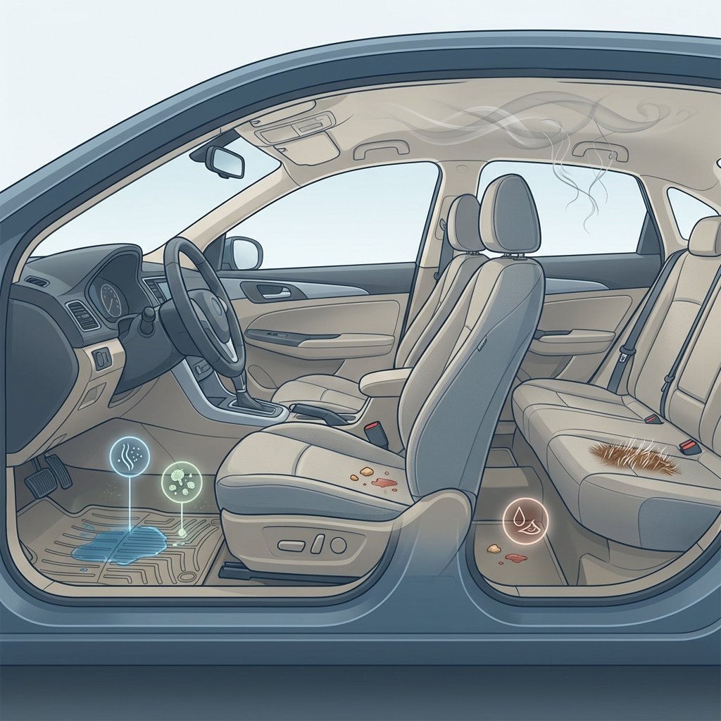 A detailed, infographic-style illustration showing the interior of a car with various hidden sources of bad odors highlighted. The image should feature a floor mat with a visible patch of moisture and faint mold spores. Underneath a car seat, crumbs of food and a tiny spilled liquid stain are subtly visible. Near the ceiling, delicate grey tendrils symbolize cigarette smoke clinging to the fabric. A patch of pet hair is visible on another seat. These elements should be subtly integrated without being overly gross, representing the different causes discussed in the article. The overall aesthetic should be clean and informative.