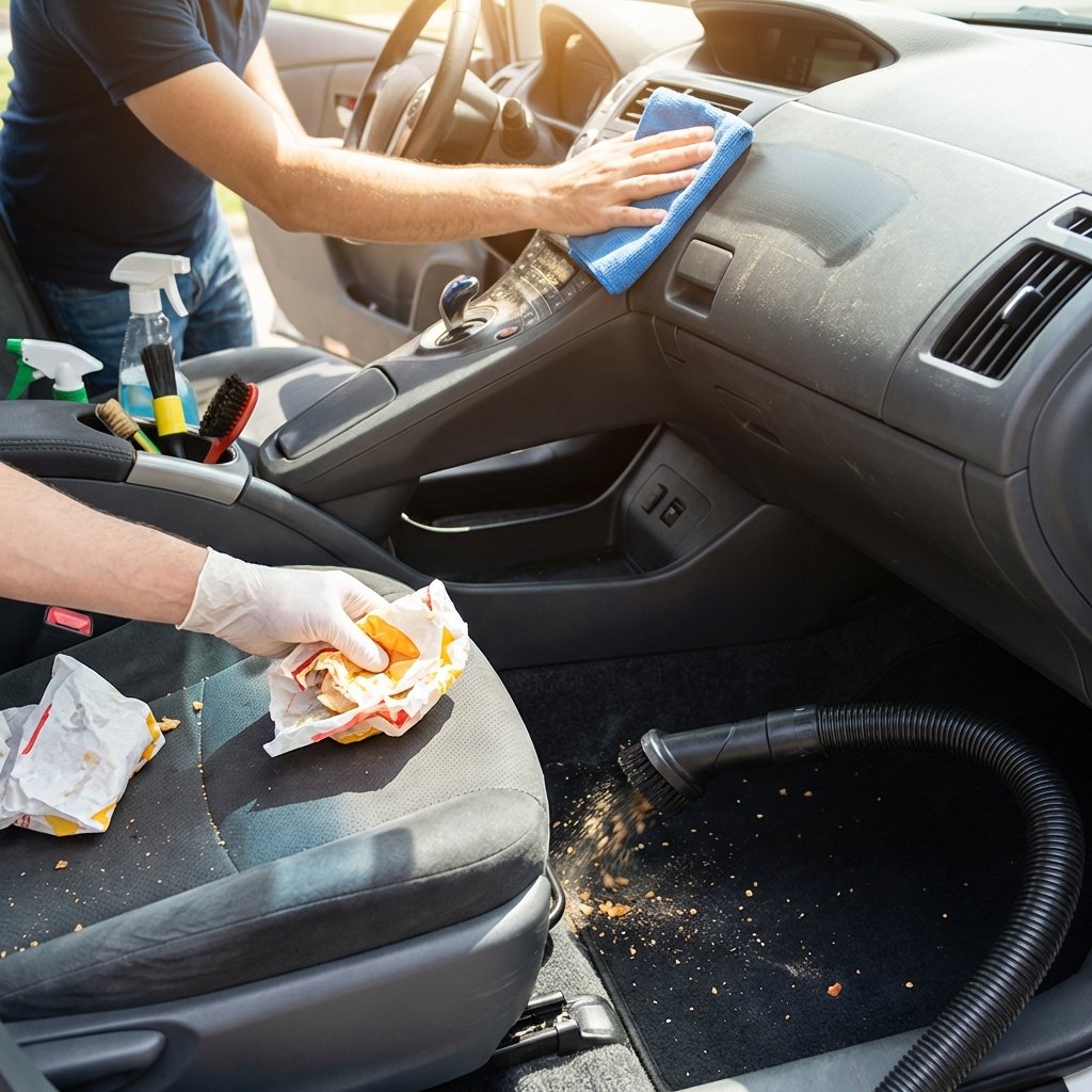 A professional, brightly lit photograph showing the initial steps of thoroughly cleaning a car interior. A person's hands are visible, actively picking up a discarded food wrapper or general trash from the floor or passenger seat. In the background, a vacuum cleaner hose is shown effectively removing dirt and debris from the car's carpet. Another area shows a microfiber cloth wiping down a dashboard or console, emphasizing the physical removal of dirt and grime. The car interior should appear somewhat messy initially but transitioning to clean, focusing on the action of cleaning. The image should convey cleanliness and freshness.