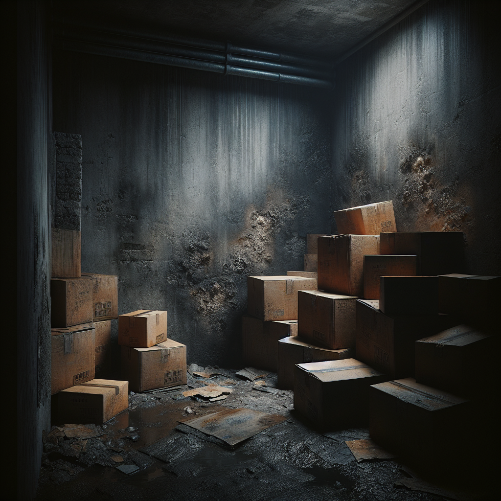 A dark, damp, and neglected basement corner, showing clear signs of moisture and a musty atmosphere. There are old, slightly discolored cardboard boxes and a subtle hint of mildew on a concrete wall. The image should convey a sense of an unpleasant, stale odor. Realistic photograph, focus on textures and atmospheric gloom.