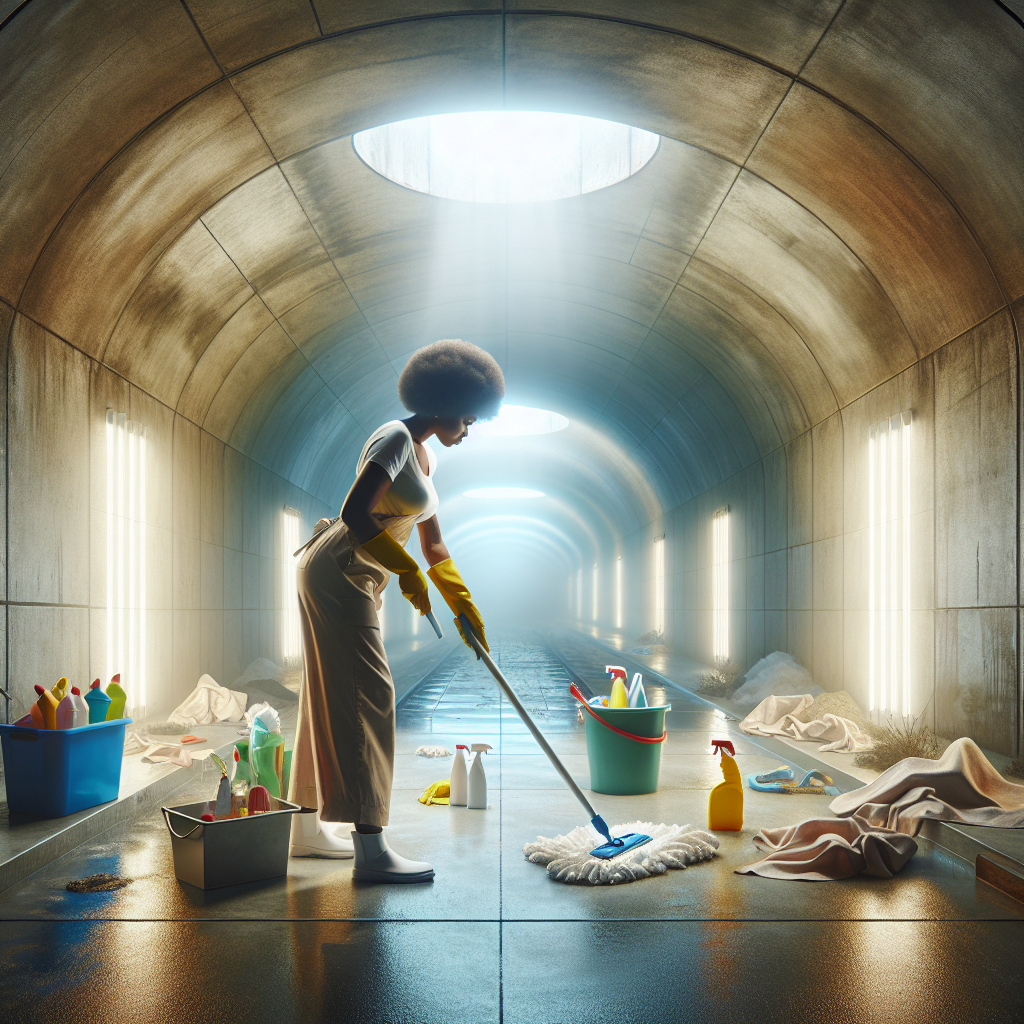 A bright and clean basement space being actively refreshed. A person wearing cleaning gloves is mopping a concrete floor, with a bucket and other cleaning supplies visible. A strong sense of fresh, clean air and light permeates the space, symbolizing odor elimination and renewed freshness. Realistic photograph, vibrant and clean aesthetic.