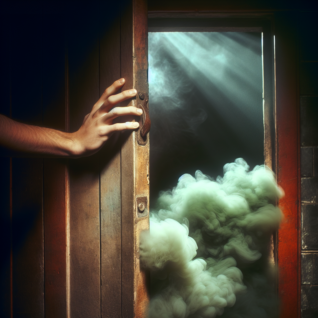 A person's hand pushes open an old, slightly damaged wooden basement door. From the dark, musty interior, a distinct, thick green and brown fog visibly drifts out into the viewer's space, representing a strong, unpleasant odor. The light is dim, highlighting the worn textures of the door and the murky vapor. Realistic style.