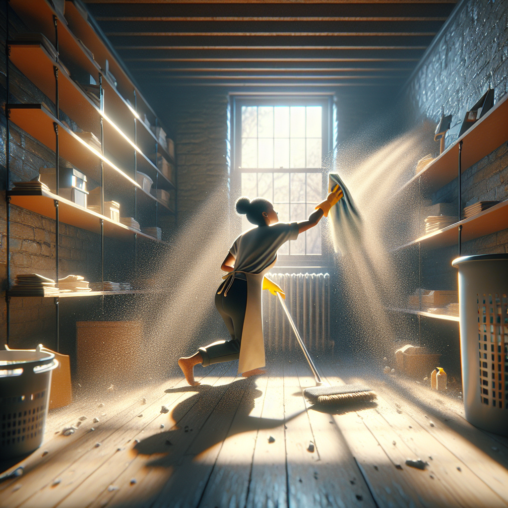 A bright, clean basement corner. Sunlight streams through an open window, illuminating dust motes and creating a fresh atmosphere. A person, seen from the back or side, is actively wiping down a shelf or wall with a cloth, suggesting cleaning and ventilation. The space is tidy and airy, conveying a sense of renewed freshness and cleanliness. Realistic style.