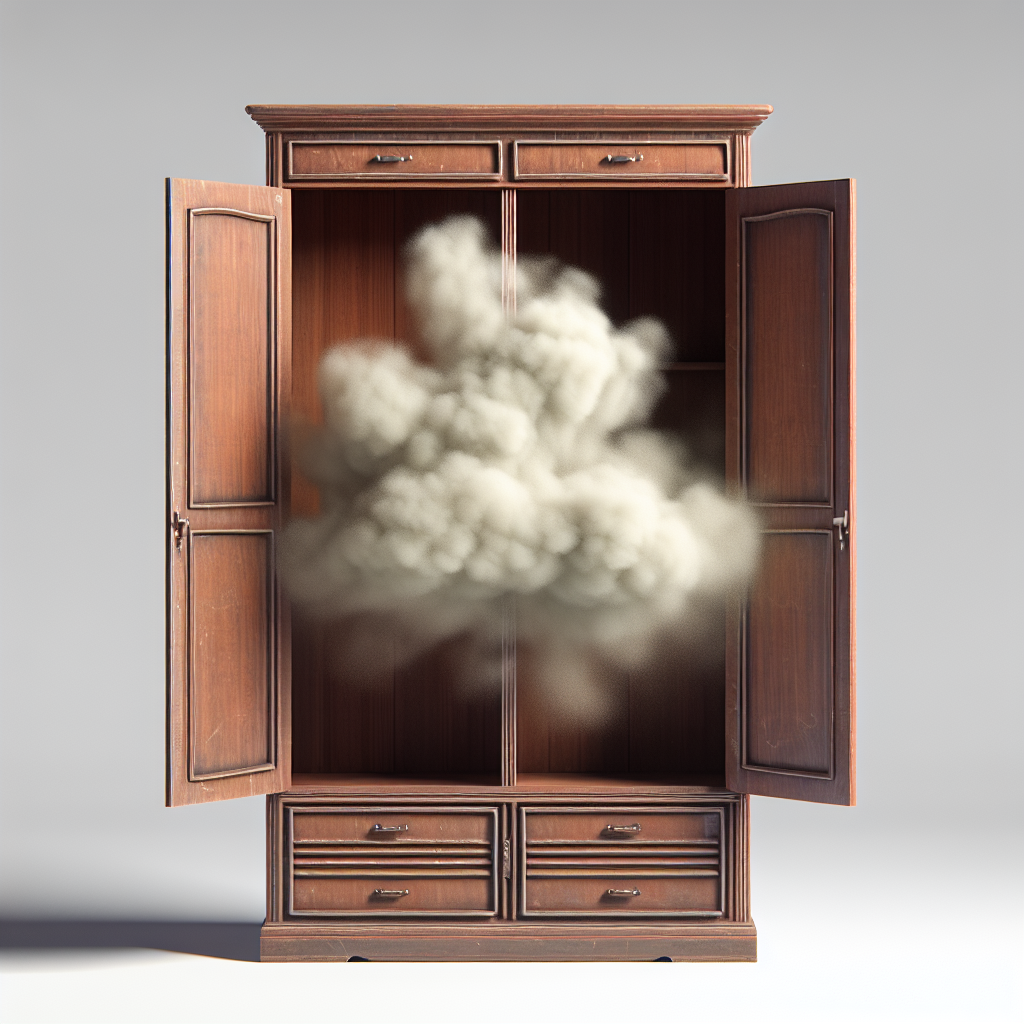 A slightly open old wooden wardrobe emitting a visible, stylized cloud of unpleasant, musty odor. The interior looks dim and a bit damp. Realistic photo with soft, muted colors, conveying a sense of stagnant air.