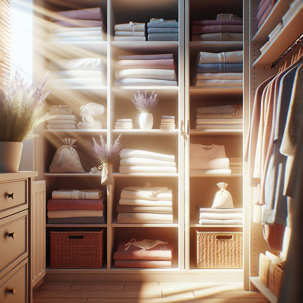 A clean, bright, and organized wardrobe interior. Neatly folded fresh laundry is visible on shelves. Sunlight streams into the wardrobe, highlighting a sense of freshness and cleanliness. On one shelf, a small, decorative sachet of lavender is placed. Realistic photography, warm tones.