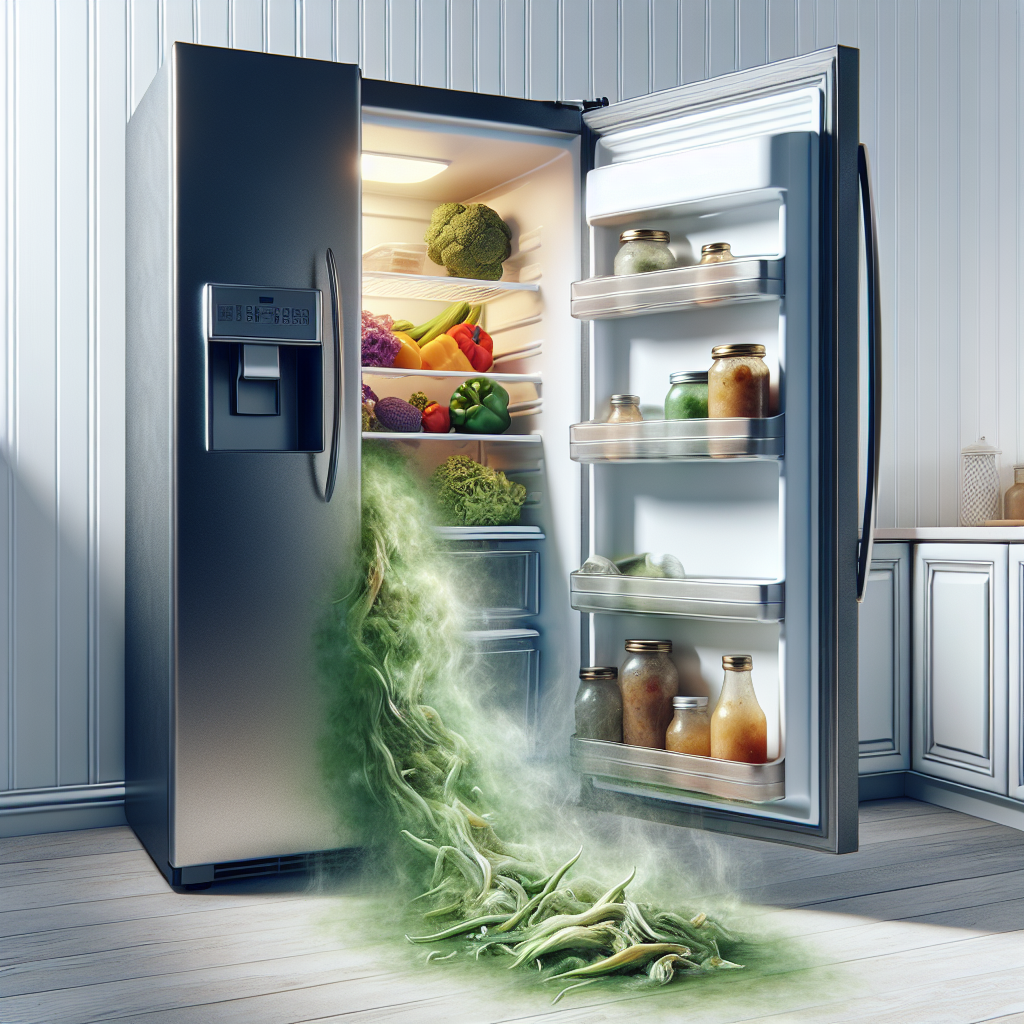 A slightly open modern refrigerator with a subtle, stylized green or brown wisp of unpleasant odor wafting out. Inside, there are a few forgotten, slightly wilted vegetables or an old, open container, suggesting the source of the smell. The overall mood is slightly unappealing but not repulsive, suitable for a blog post. Realistic photo, soft lighting.