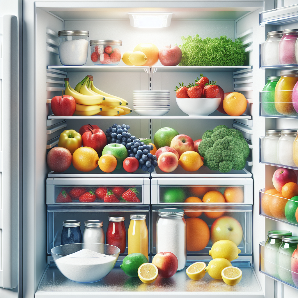 A sparkling clean, meticulously organized refrigerator interior. Shelves are filled with vibrant, fresh fruits, colorful vegetables, and neatly arranged containers. On one shelf, there's a small, open bowl of baking soda and a few slices of fresh lemon, symbolizing natural odor absorption and freshness. Bright, inviting, and hygienic atmosphere. Realistic photo, clean white background, excellent lighting.