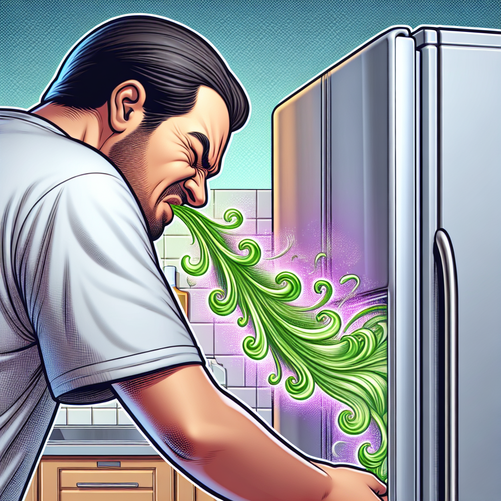 A person, seen from the side or back, recoils slightly with a disgusted expression while opening a refrigerator door. From the inside of the fridge, subtle, stylized green or purple swirling fumes or wavy lines are visibly emanating, representing a bad smell. The kitchen background is clean and modern. Realistic, high detail, suitable for a blog article.