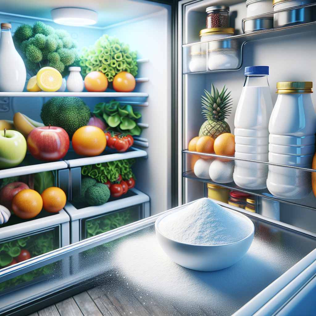 A sparkling clean and neatly organized refrigerator interior, filled with fresh, vibrant food items. In the foreground, a small, open bowl containing a white powder (like baking soda) or coffee grounds is visible on a shelf, subtly suggesting an odor absorber. Bright, well-lit, fresh and inviting atmosphere. Realistic, high detail, suitable for a blog article.
