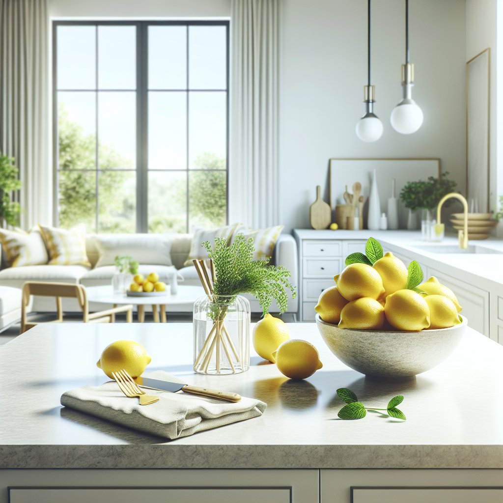 A bright, inviting modern kitchen or living room filled with natural light, sparkling clean. On a countertop or table, there's a simple arrangement of items symbolizing freshness and natural cleaning: a bowl of vibrant yellow lemons, a small sprig of mint or rosemary, and perhaps a subtle hint of a clean, open window in the background. The overall atmosphere should be serene, airy, and convey a feeling of pure, fresh air throughout the space.
