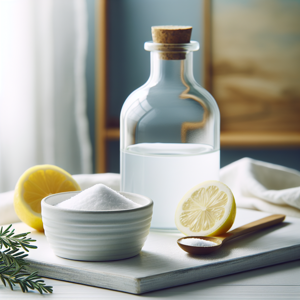 A close-up, minimalist still life featuring a small, open container or bowl of white baking soda (Natron) and a clear glass bottle of white vinegar on a clean, light-colored wooden or ceramic surface. A few fresh lemon slices or a sprig of a neutral-smelling herb (like rosemary) are delicately placed nearby. The background is softly blurred, suggesting a clean kitchen or utility area. The image should be clean, bright, and highlight these simple, effective household remedies.