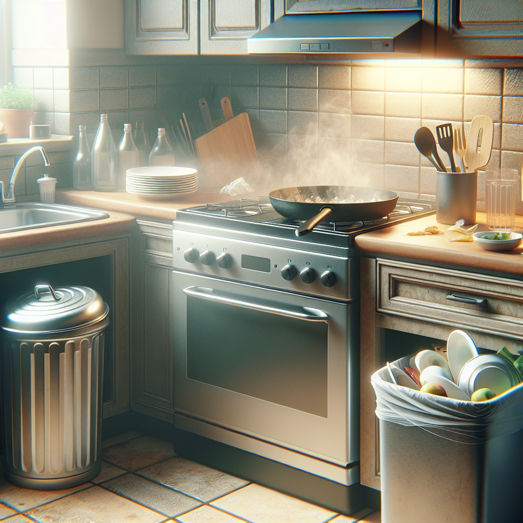 A realistic kitchen scene immediately after cooking, with a visible frying pan on the stove, a few unwashed dishes in the sink, and a slightly overflowing, lidded trash can in the background. The air appears subtly hazy or stale, conveying the lingering presence of unpleasant cooking odors. Muted, realistic colors.