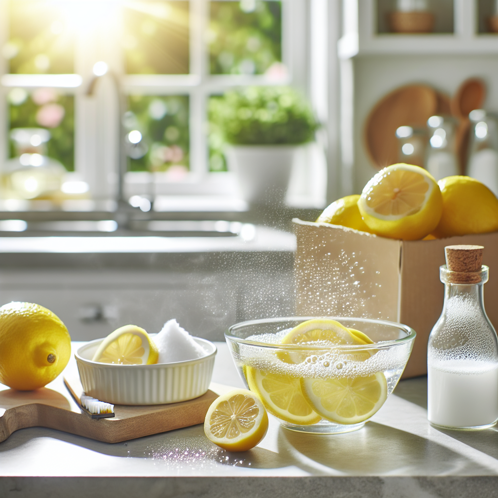 A bright, sparkling clean kitchen flooded with natural light from an open window. On a pristine countertop, there are fresh lemon slices, a small bowl of white vinegar, and an open box of baking soda, representing natural remedies for freshness. The scene evokes a sense of cleanliness, airiness, and a pleasant aroma.