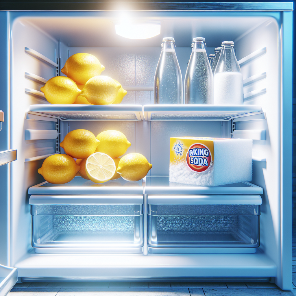 A brightly lit, sparkling clean refrigerator interior with empty, shining shelves. A fresh lemon wedge and an open box of baking soda are neatly placed on one shelf, symbolizing natural odor absorption and freshness. No person visible. Realistic, high detail, clean aesthetic.