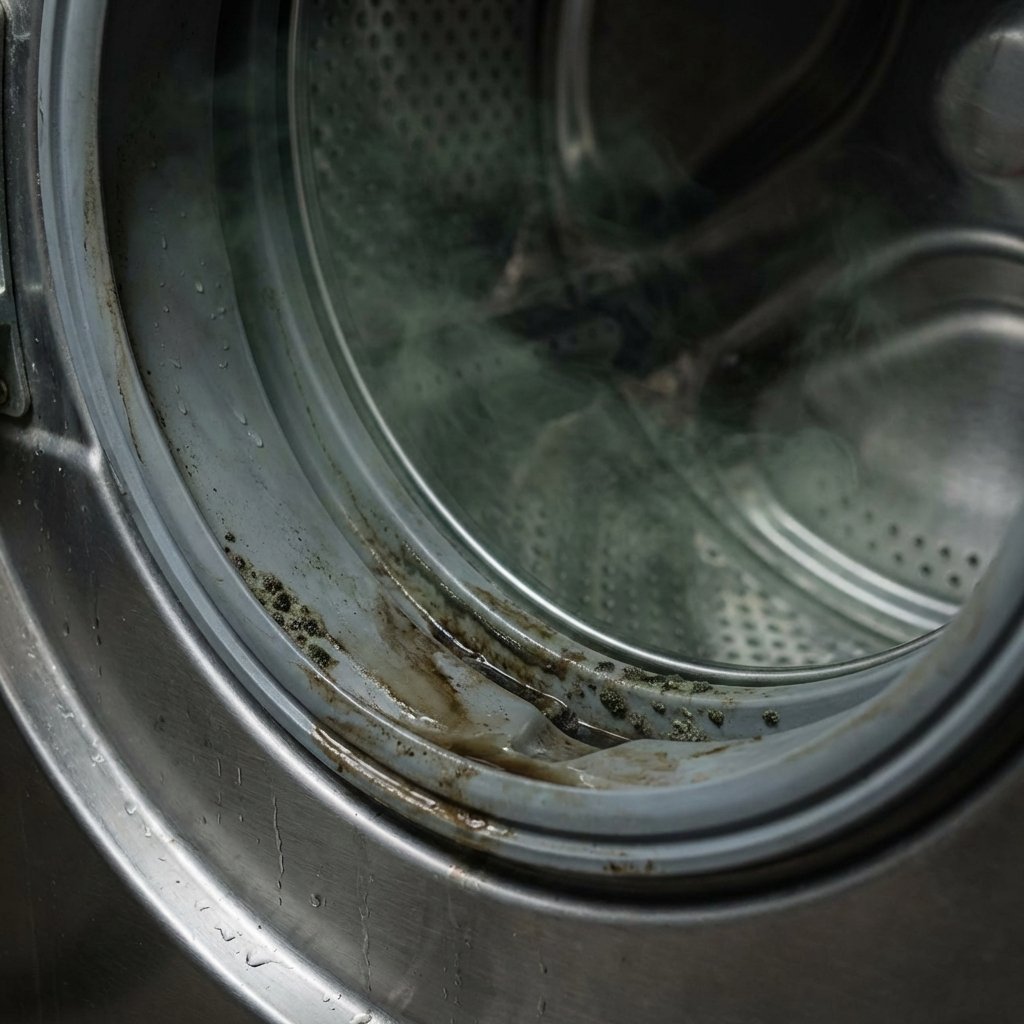 A close-up, slightly low-angle professional photo of the inside of a washing machine drum, specifically highlighting the grey rubber door seal. The seal should show subtle but distinct signs of dark grime, wet residue, and small spots of mildew accumulating along its folds. A faint, swirling cloud of unpleasant green-grey vapor emanates from the seal and the drum interior, visually representing the bad odor. The overall lighting is somewhat dim, emphasizing the unhygienic state, conveying a sense of neglected appliance hygiene.