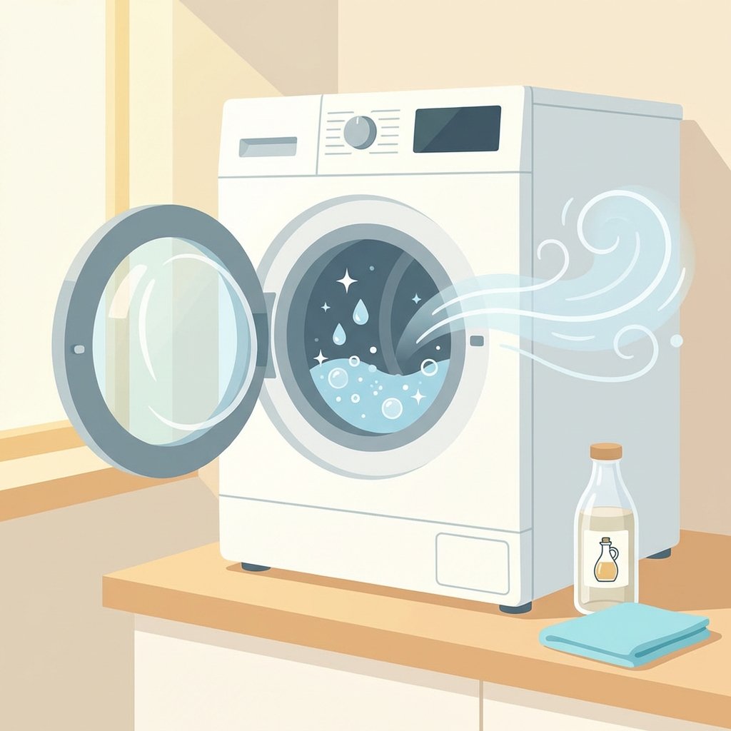 A bright and clean flat illustration of a modern washing machine from a slightly elevated perspective, with its door slightly ajar, revealing a sparkling, fresh interior. The scene is bathed in cheerful light, and a subtle, swirling light blue or white cloud of 'fresh scent' wafts gently from the open drum. Next to the washing machine, on a pristine countertop, a clear glass bottle of vinegar is neatly placed, accompanied by a clean, folded microfiber cloth. The overall style is clean, modern, and conveys a sense of hygiene and positive action.