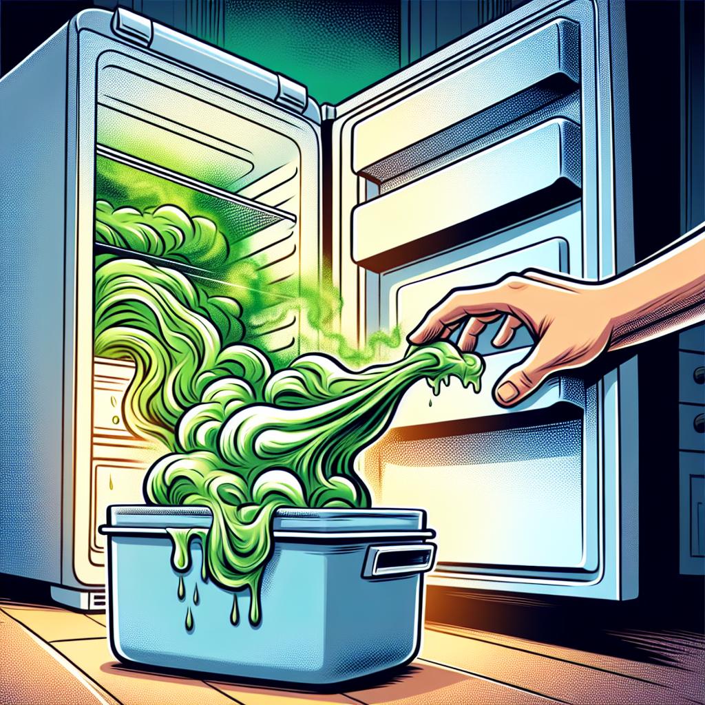 A cartoon style illustration of an open refrigerator emitting a visible, swirling cloud of green, unpleasant odor. A hand is reaching in to remove a forgotten, slightly moldy container. The overall scene should evoke the feeling of a bad smell without being grotesque. Bright and clean lines.
