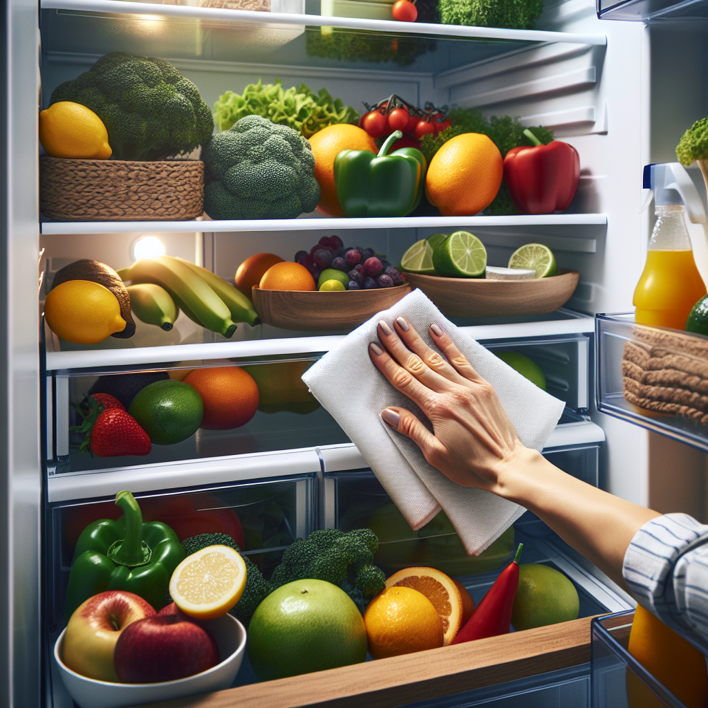 A sparkling clean refrigerator interior with organized shelves holding fresh produce. A hand is gently wiping a shelf with a clean cloth. Subtle elements like a small bowl of lemon slices or baking soda are visible, emphasizing freshness and natural cleaning. Bright, inviting, realistic style.